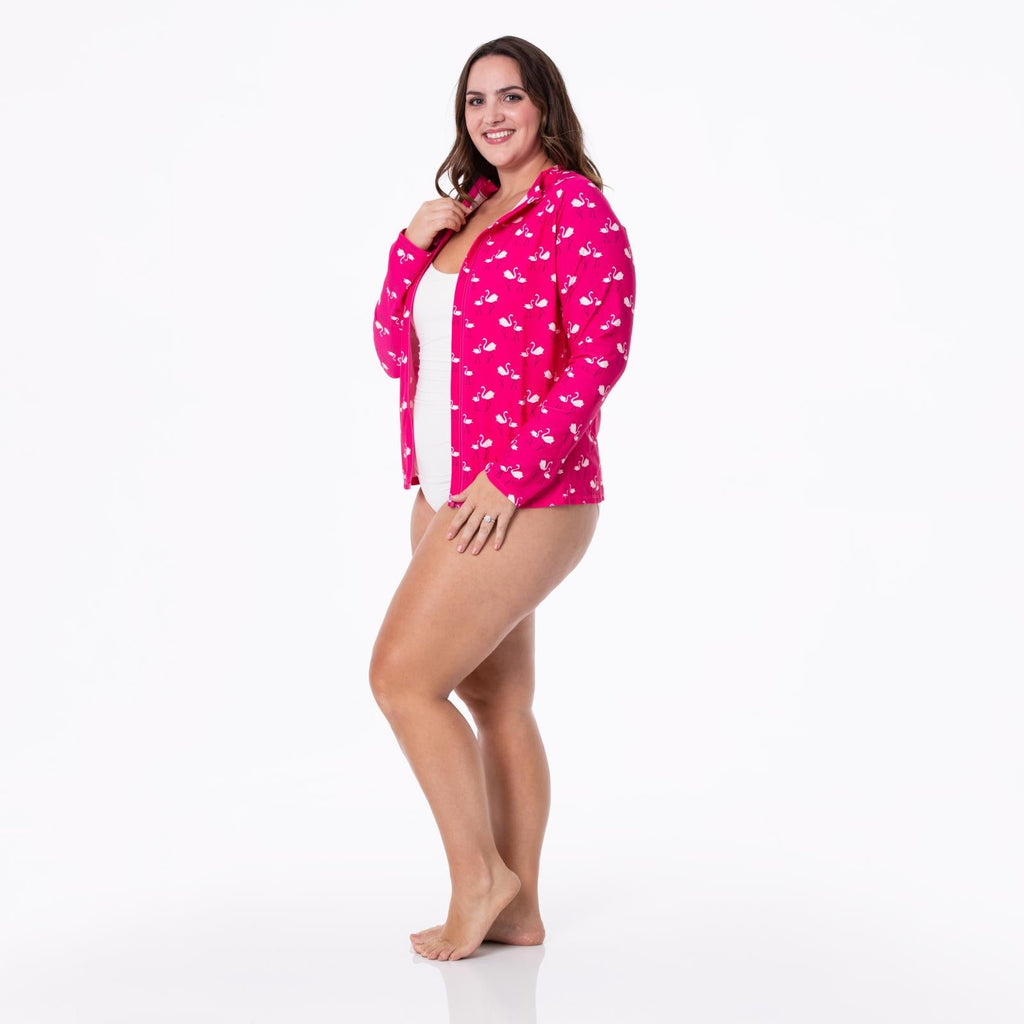 Women's Long Sleeve Zip-Up Swim Sun Cover Up in Calypso Flamingos