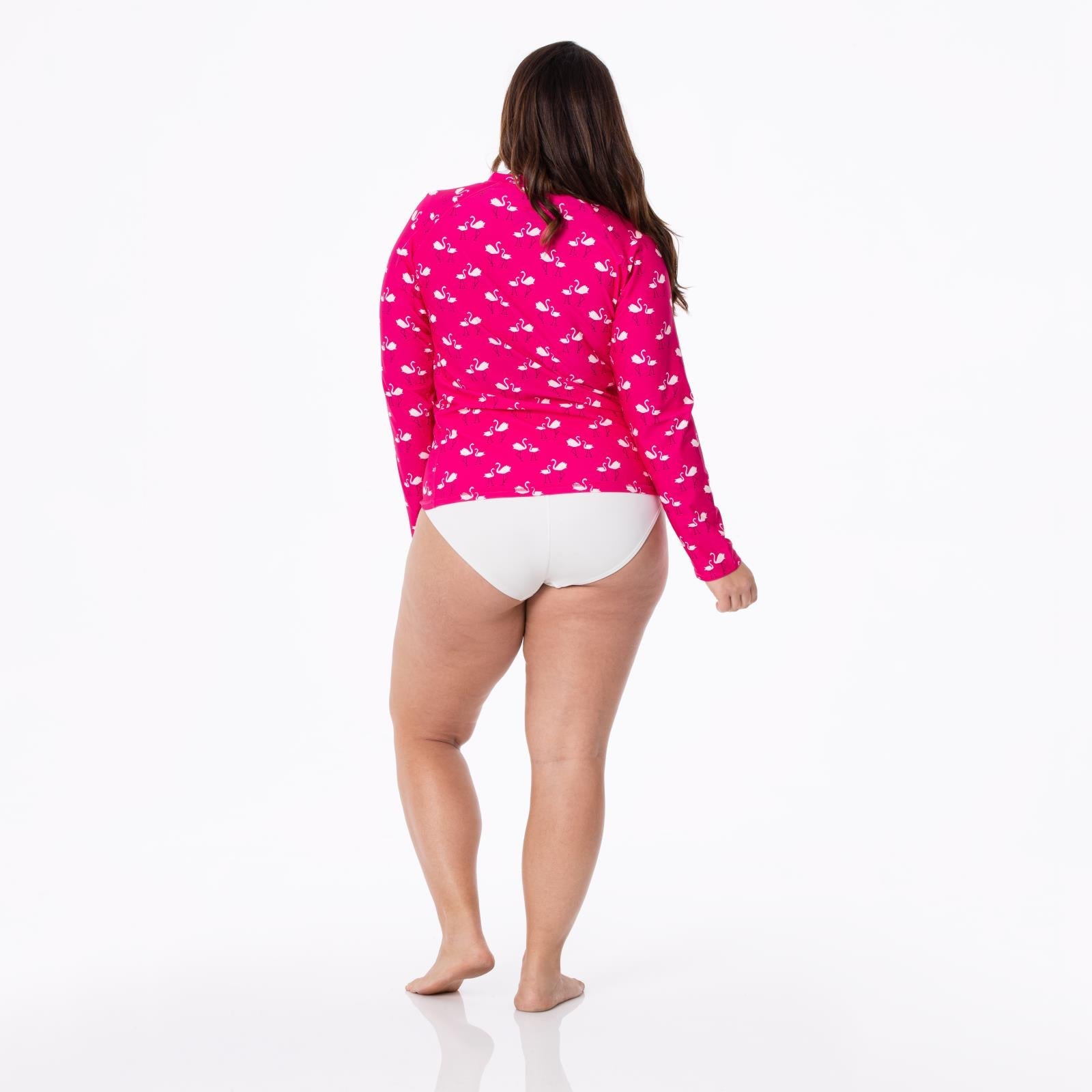Women's Long Sleeve Zip-Up Swim Sun Cover Up in Calypso Flamingos