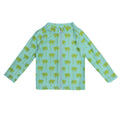 Long sleeve zip-front swim cover up featuring a summer sky blue and lime green palm tree print
