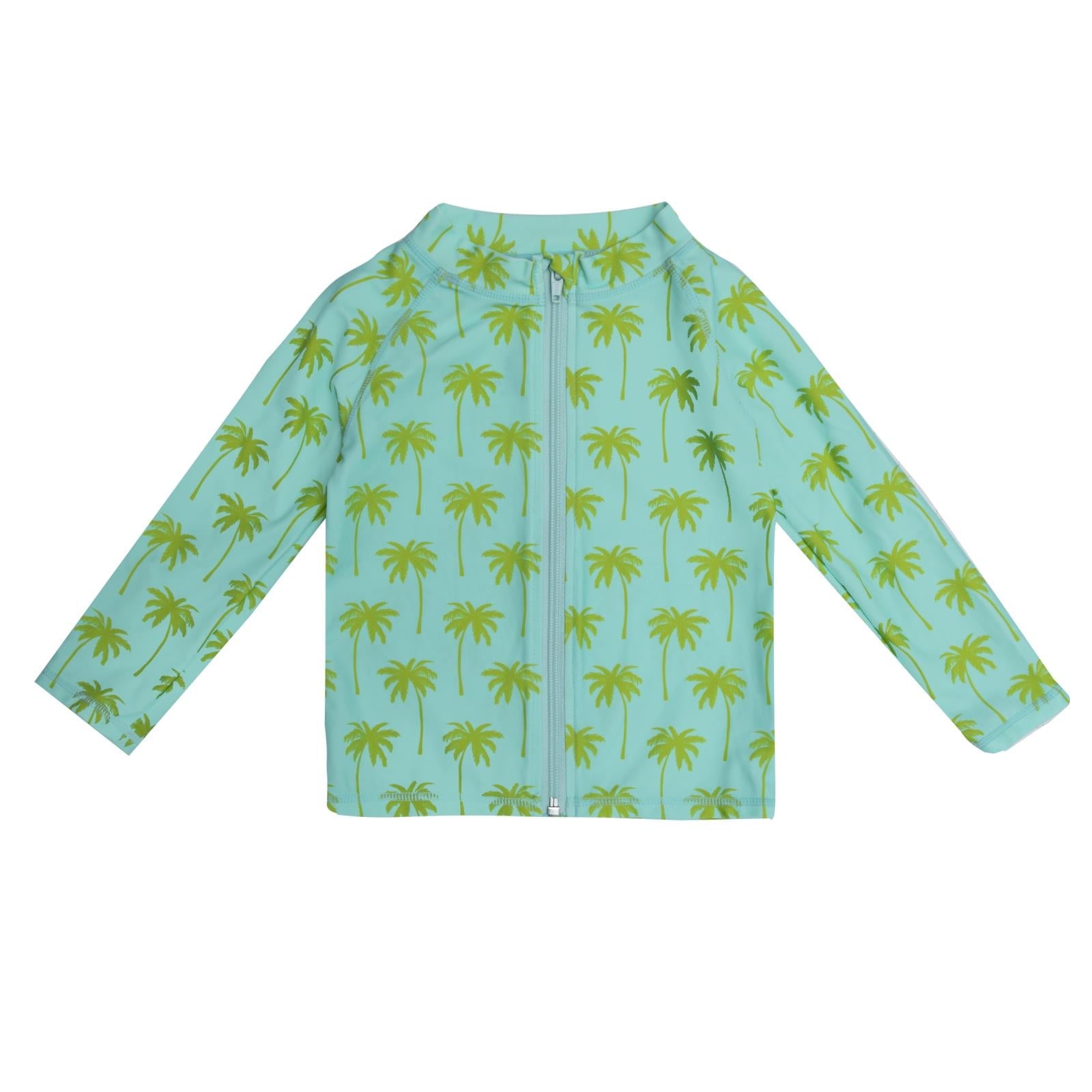 Long sleeve zip-front swim cover up featuring a summer sky blue and lime green palm tree print