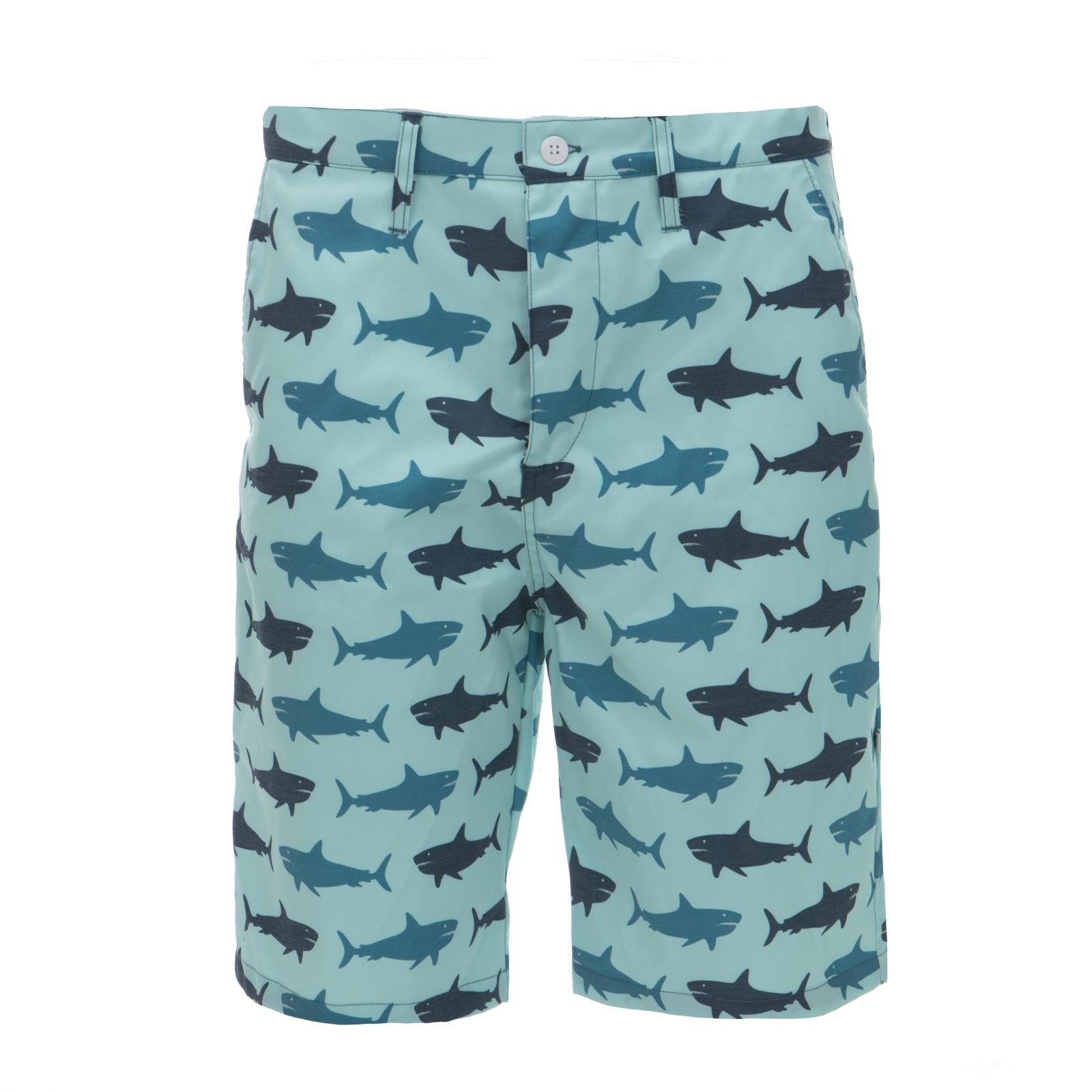 Men wearing Summer Sky Megalodon print hybrid swim shorts with a shark pattern