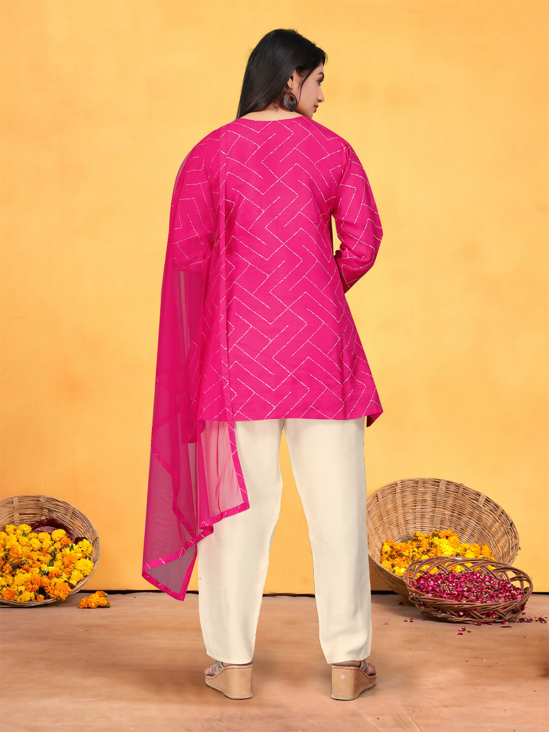 Rani Pink Viscose Dola Kurta Set with Handwork and Organza Dupatta
