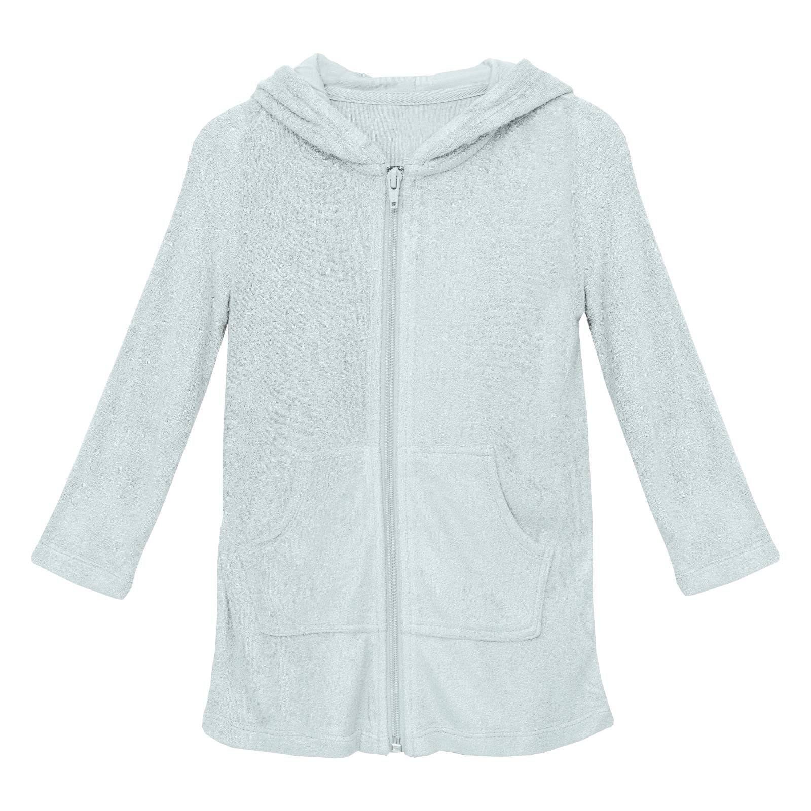 Terry Zip-Front After Swim Robe in pale minty green Fresh Air color featuring a hood and zip front.