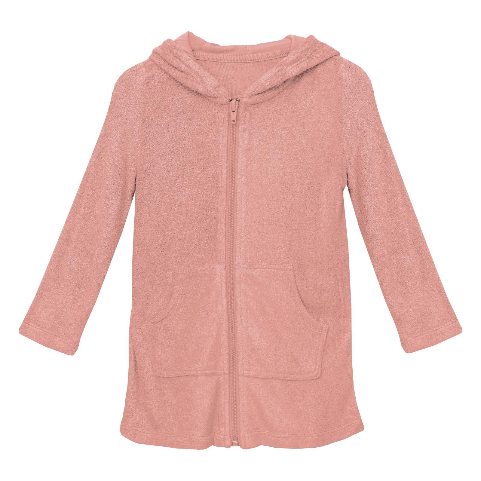 Buttery soft terry zip-front robe in a rich Blush clay-rose color.