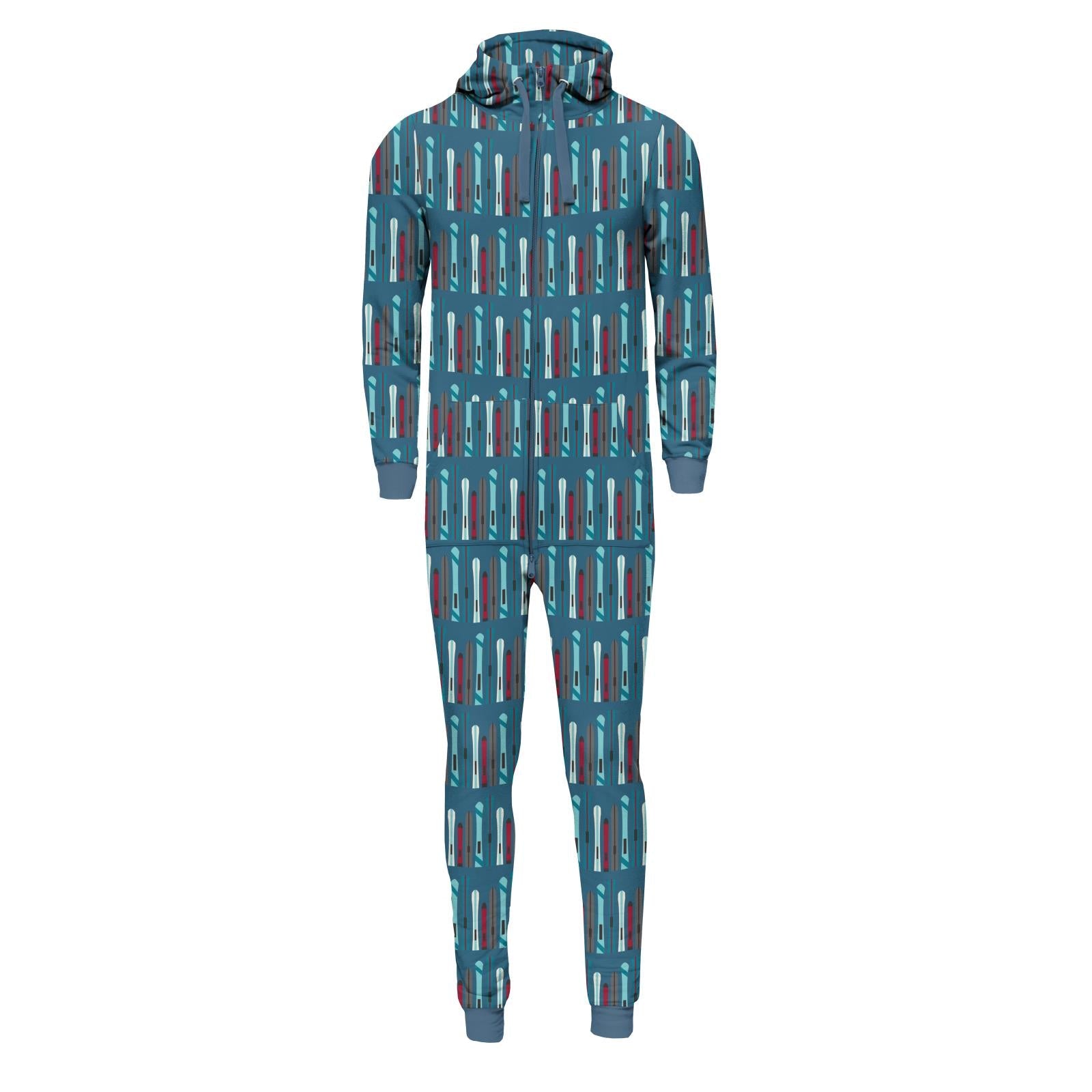 Print Adult Fleece Jumpsuit with Hood in Twilight Skis