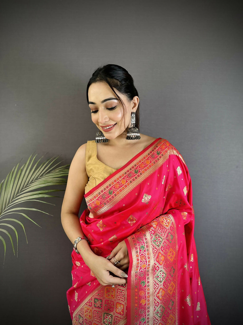 Coral Pink Geometric Pattern Soft Silk Patola Saree with Blouse