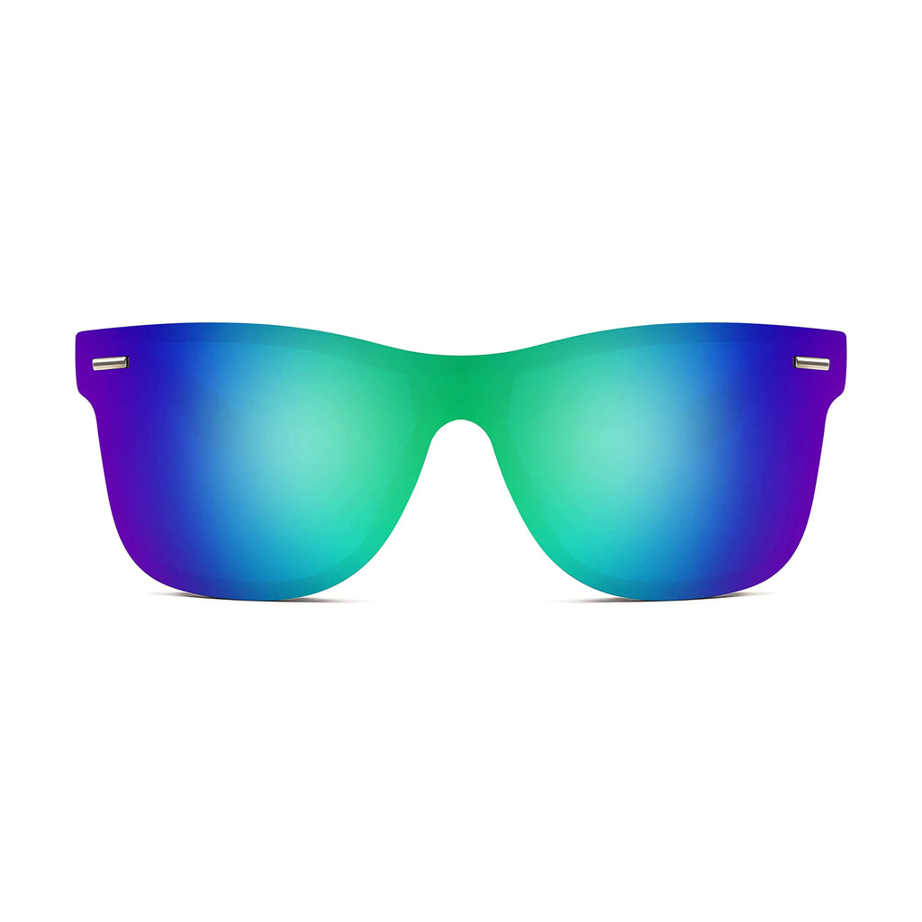 FEISEDY Sunglasses, Rimless Mirrored Sun Glasses with Reflective One-Piece Lens, B4114 Green Blue Mirror 62 Millimeters