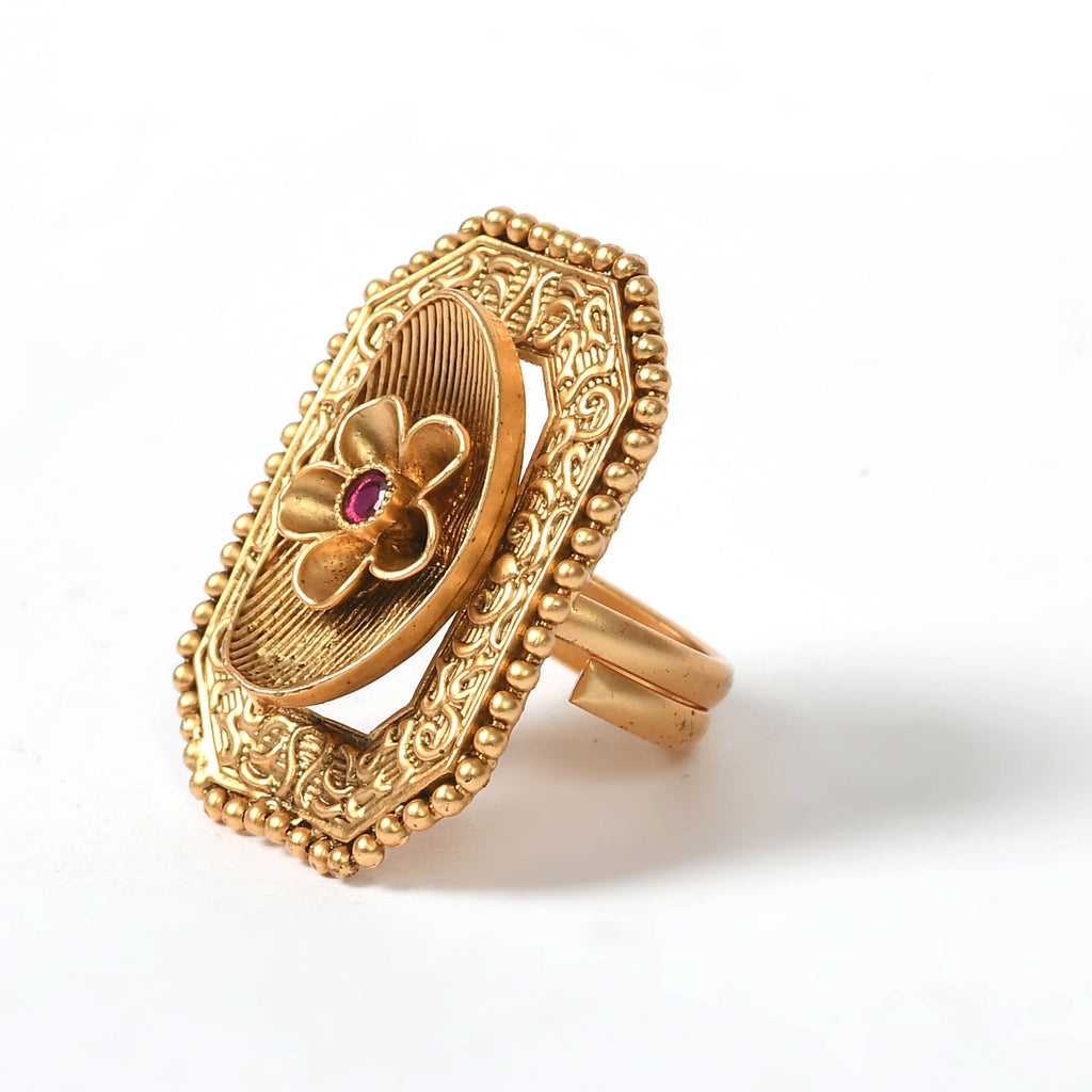 Traditional Gold-Polished Stone Studded Adjustable Ring
