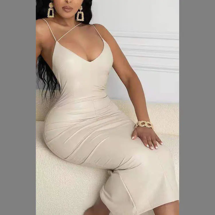 Women's Sleek Leather Midi Dress with Asymmetric Strap Design - Image 14
