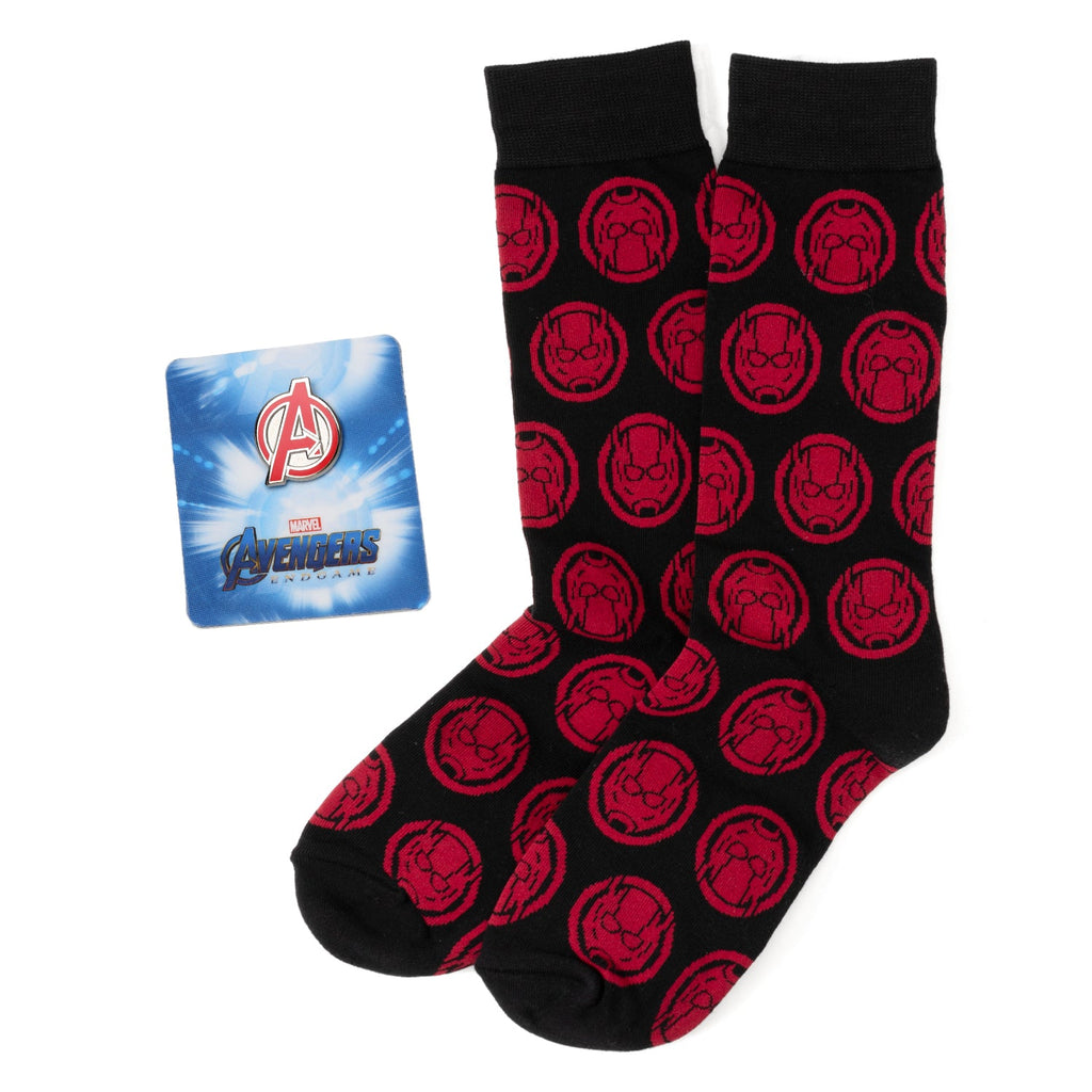 Marvel Ant-Man themed red and black crew socks with a matching Avengers metallic lapel pin.