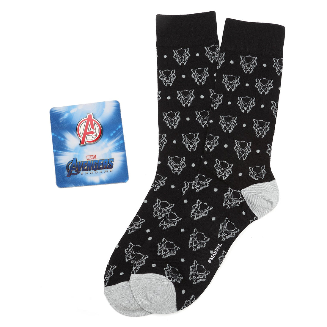 A gift set featuring black socks with a subtle dot pattern and a metallic Avengers A logo lapel pin.