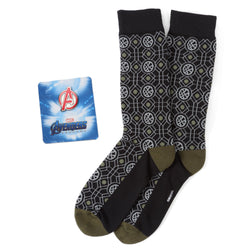 A pair of black crew socks with a Doctor Strange mystic pattern and an Avengers icon metal lapel pin.