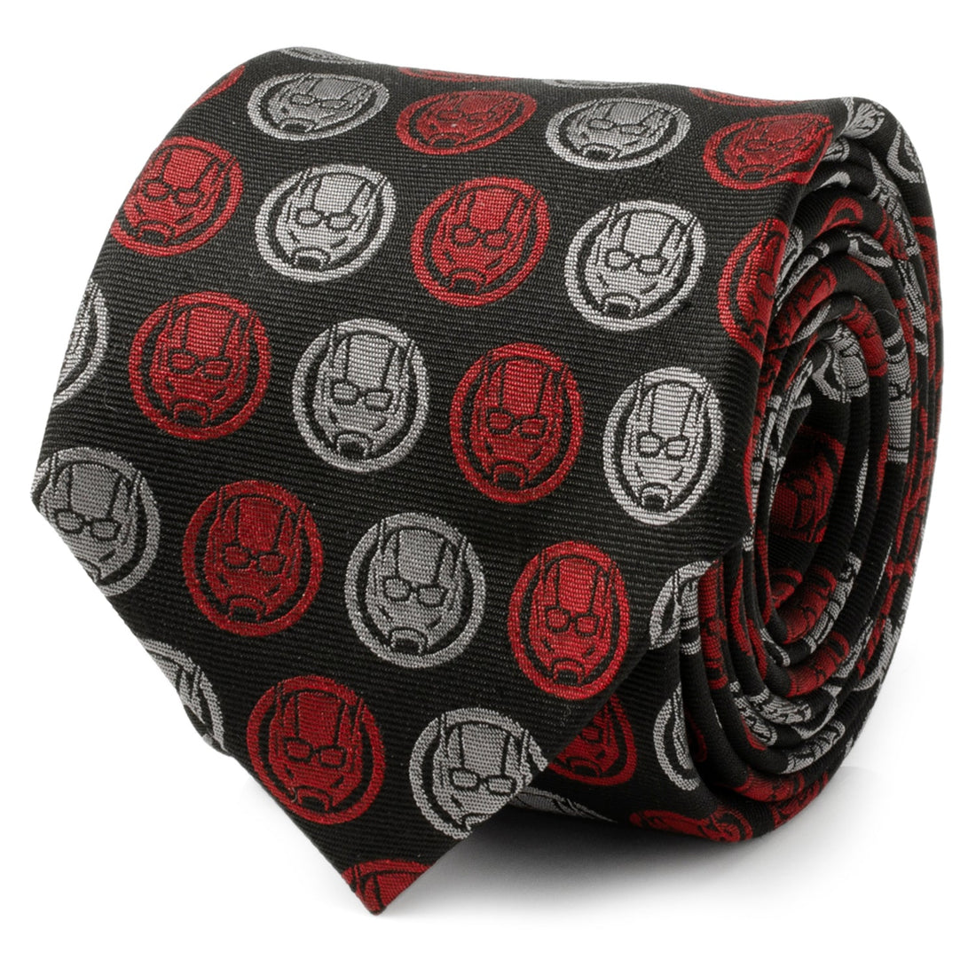 Close up of Marvel Ant-Man silk blend necktie with repeating red and gray helmet motifs on a black background