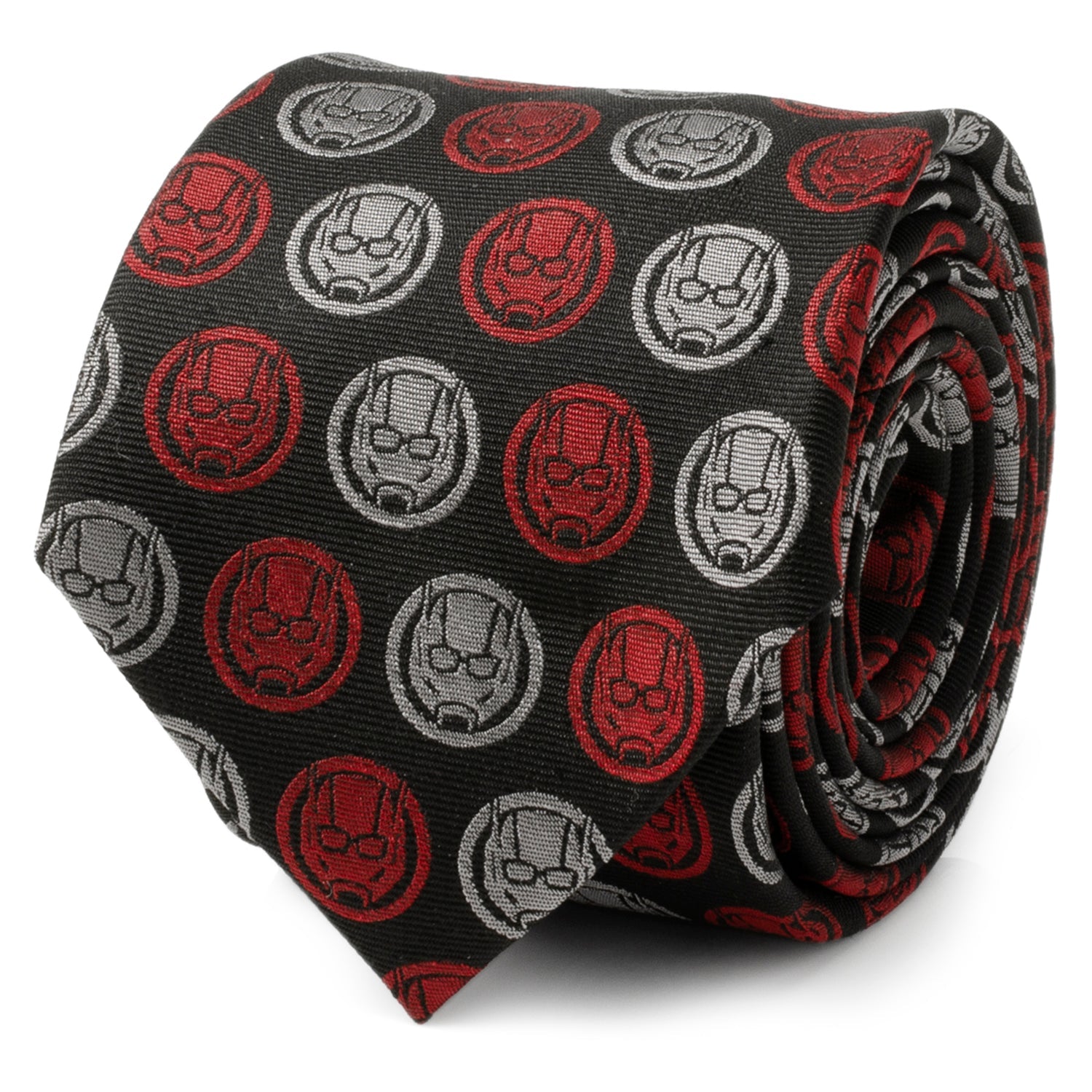 Close up of Marvel Ant-Man silk blend necktie with repeating red and gray helmet motifs on a black background
