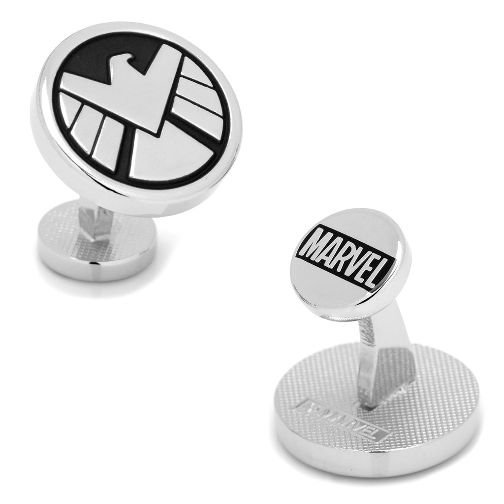 A pair of Marvel S.H.I.E.L.D. logo cufflinks in silver metal with black enamel detailing
