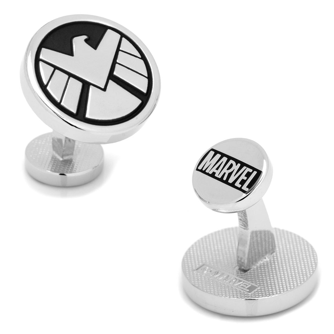 A pair of Marvel S.H.I.E.L.D. logo cufflinks in silver metal with black enamel detailing