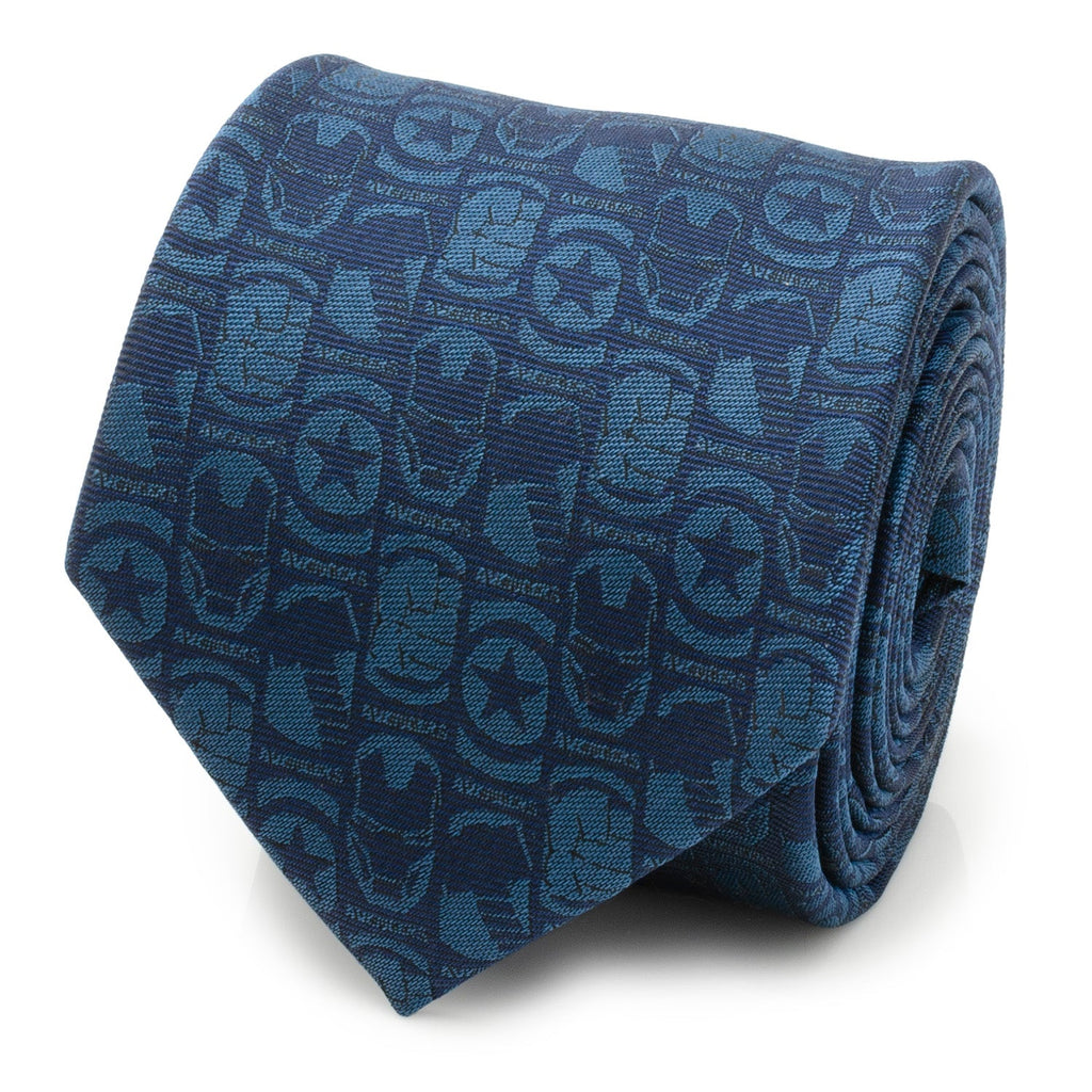 A navy blue silk blend necktie with subtle repeating patterns of Marvel Avengers symbols including Captain America's shield and Iron Man's helmet.