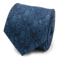A navy blue silk blend necktie with subtle repeating patterns of Marvel Avengers symbols including Captain America's shield and Iron Man's helmet.