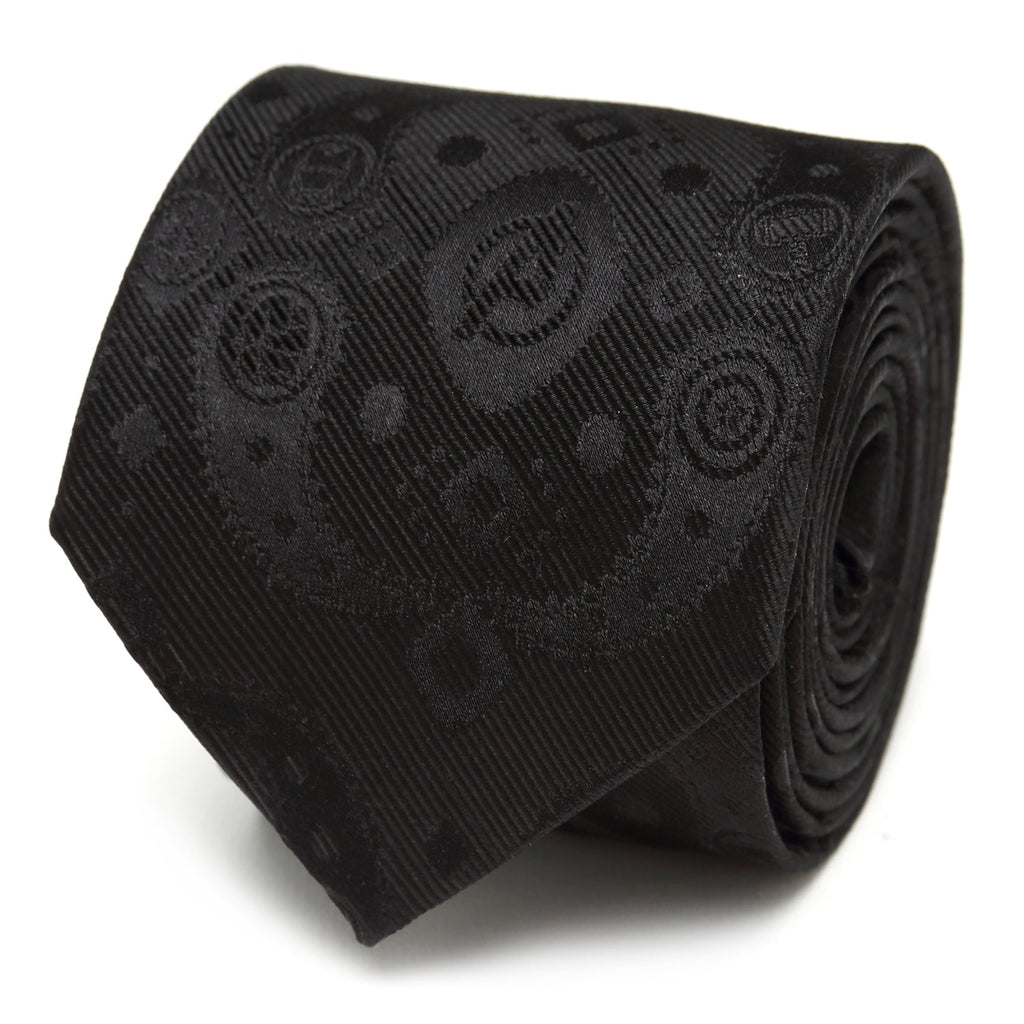 Close up of a black silk tie with a subtle Marvel Avengers paisley icon pattern.