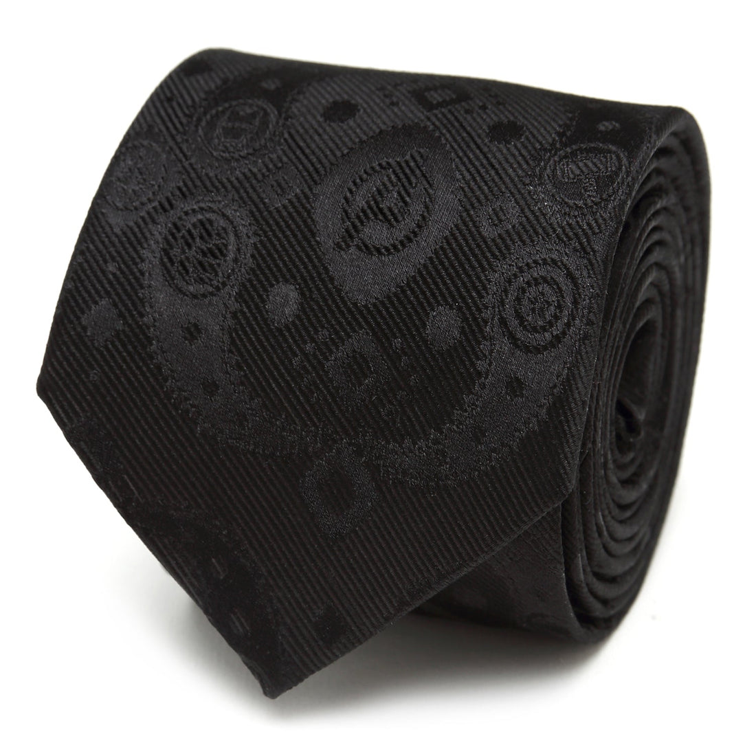 Close up of a black silk tie with a subtle Marvel Avengers paisley icon pattern.
