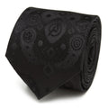 Close up of a black silk tie with a subtle Marvel Avengers paisley icon pattern.