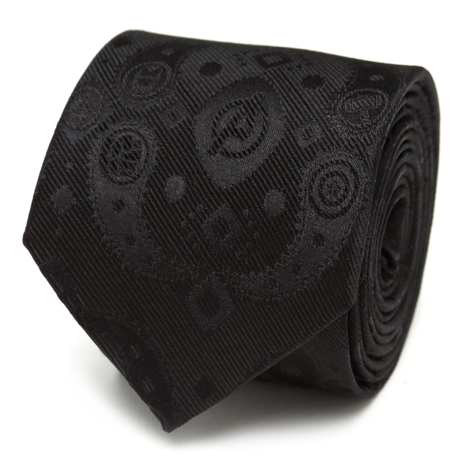 Close up of a black silk tie with a subtle Marvel Avengers paisley icon pattern.