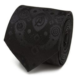 Close up of a black silk tie with a subtle Marvel Avengers paisley icon pattern.
