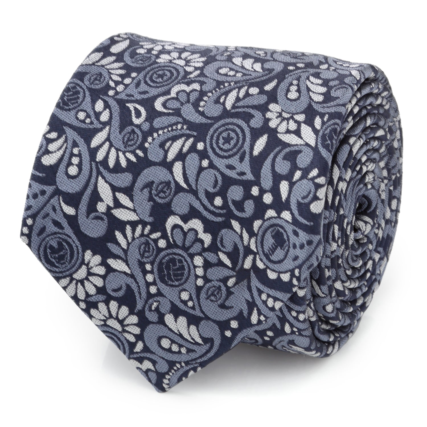 Close up of a rolled navy blue and silver paisley silk necktie with integrated Marvel Avengers character icons.
