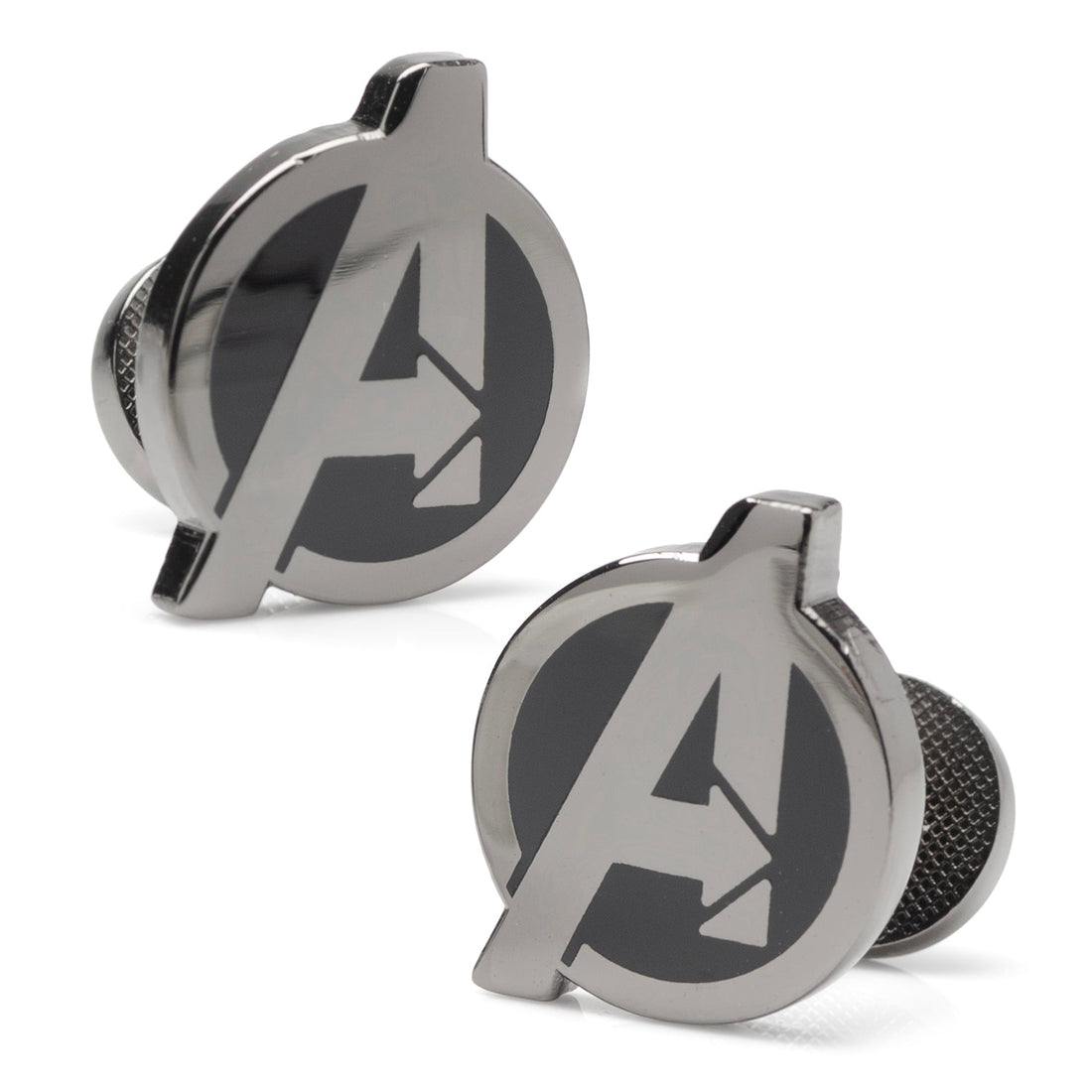 Close up of Avengers gunmetal cufflinks featuring the Avengers A logo with black enamel inlay.