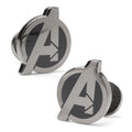 Close up of Avengers gunmetal cufflinks featuring the Avengers A logo with black enamel inlay.