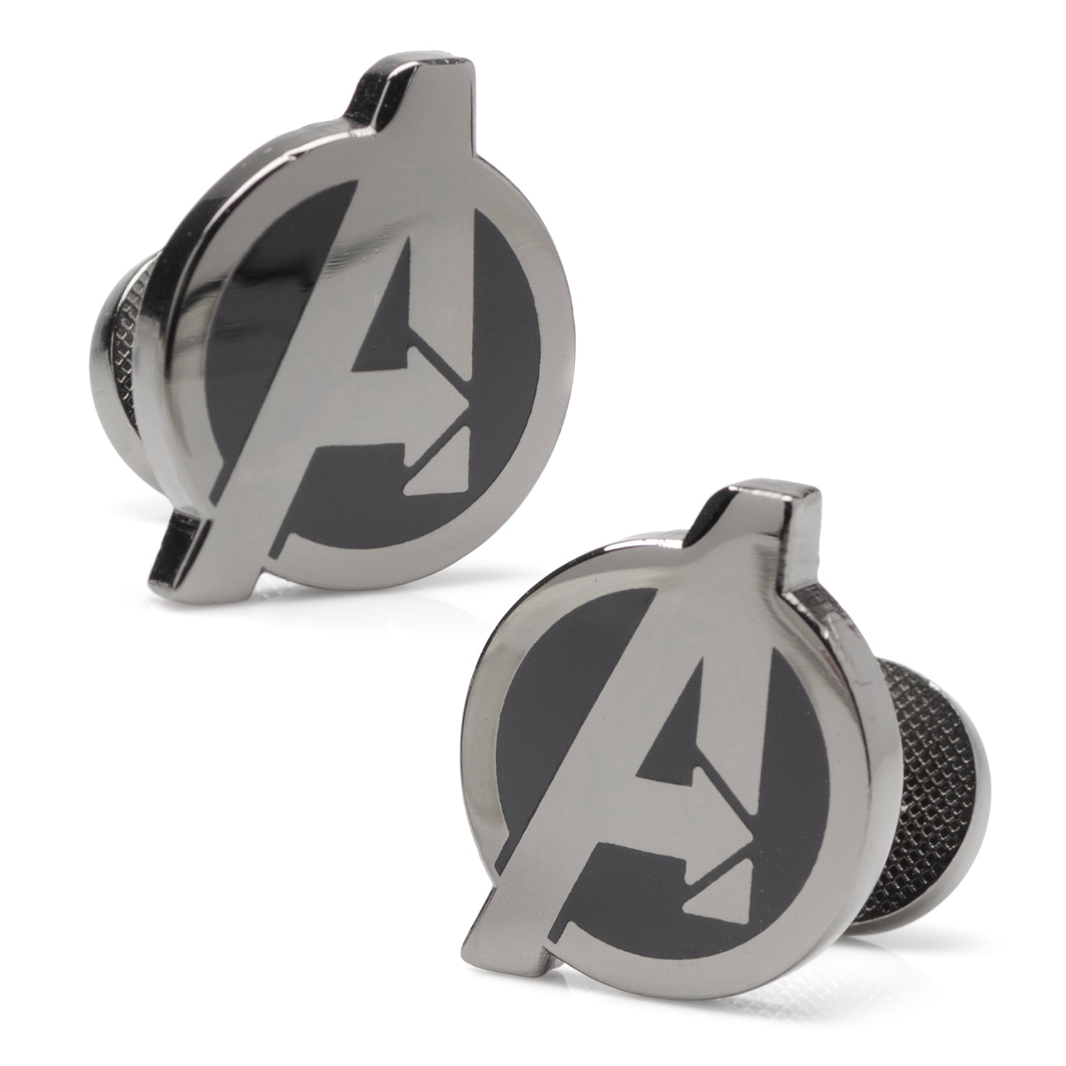 Close up of Avengers gunmetal cufflinks featuring the Avengers A logo with black enamel inlay.