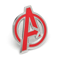 A close-up of a red and silver Marvel Avengers logo lapel pin on a white background with a separate view showing the pin backing.