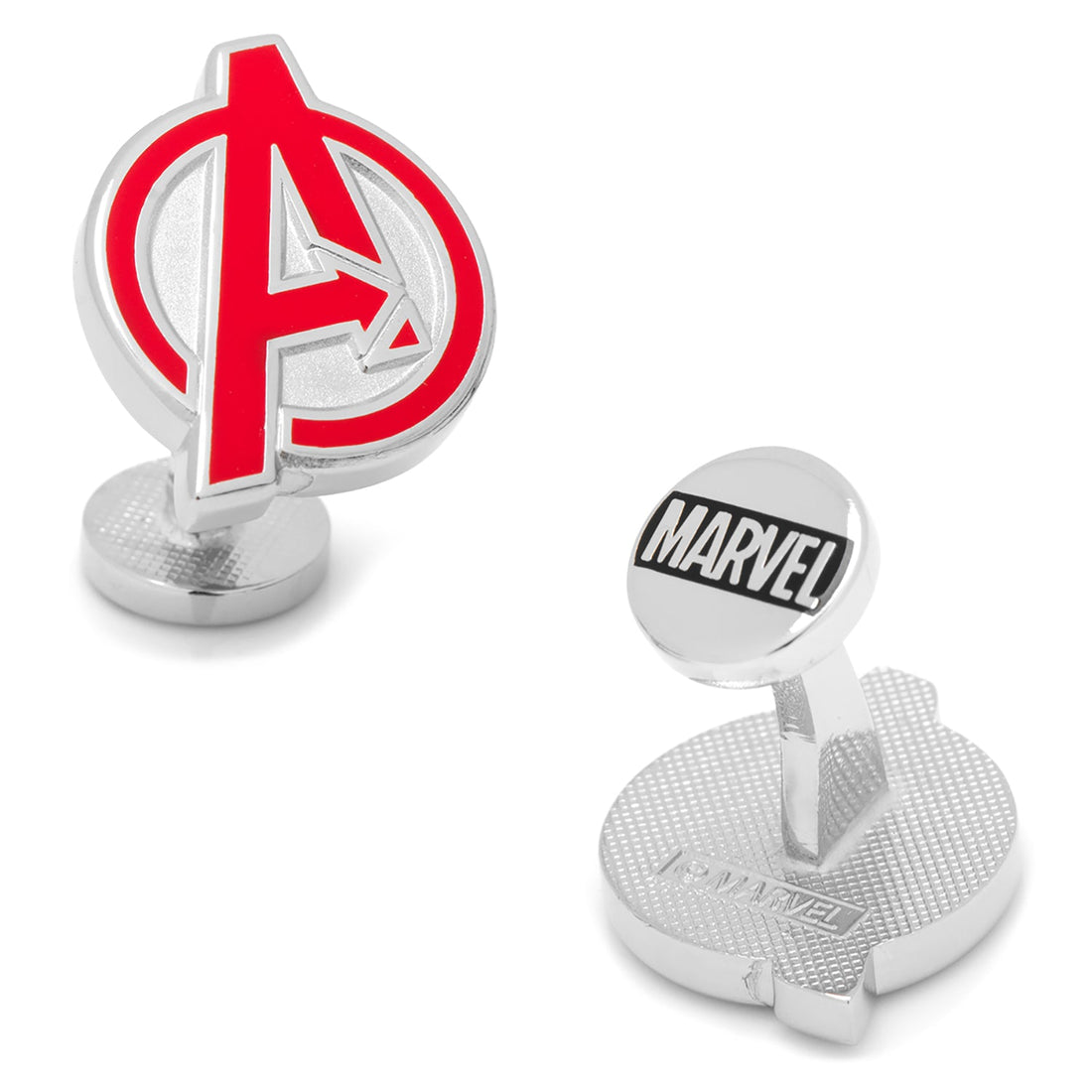 A pair of silver-tone cufflinks featuring the red Avengers logo, viewed from the front and back.