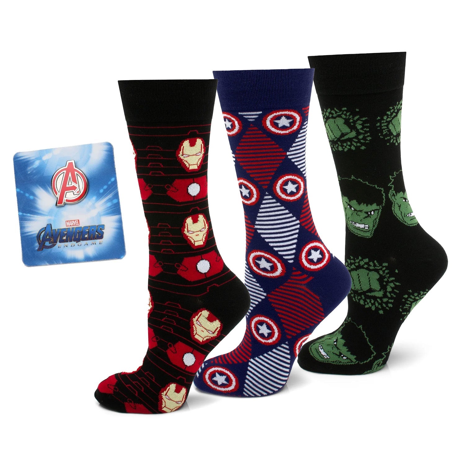 Marvel Avengers themed black crew socks with character patterns and an Avengers 'A' logo lapel pin in red and silver.