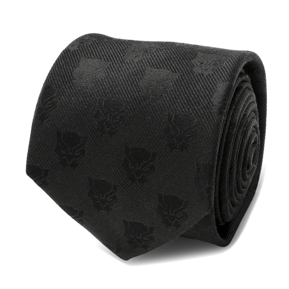 Close up of a black woven silk necktie with a repeated Black Panther face pattern.
