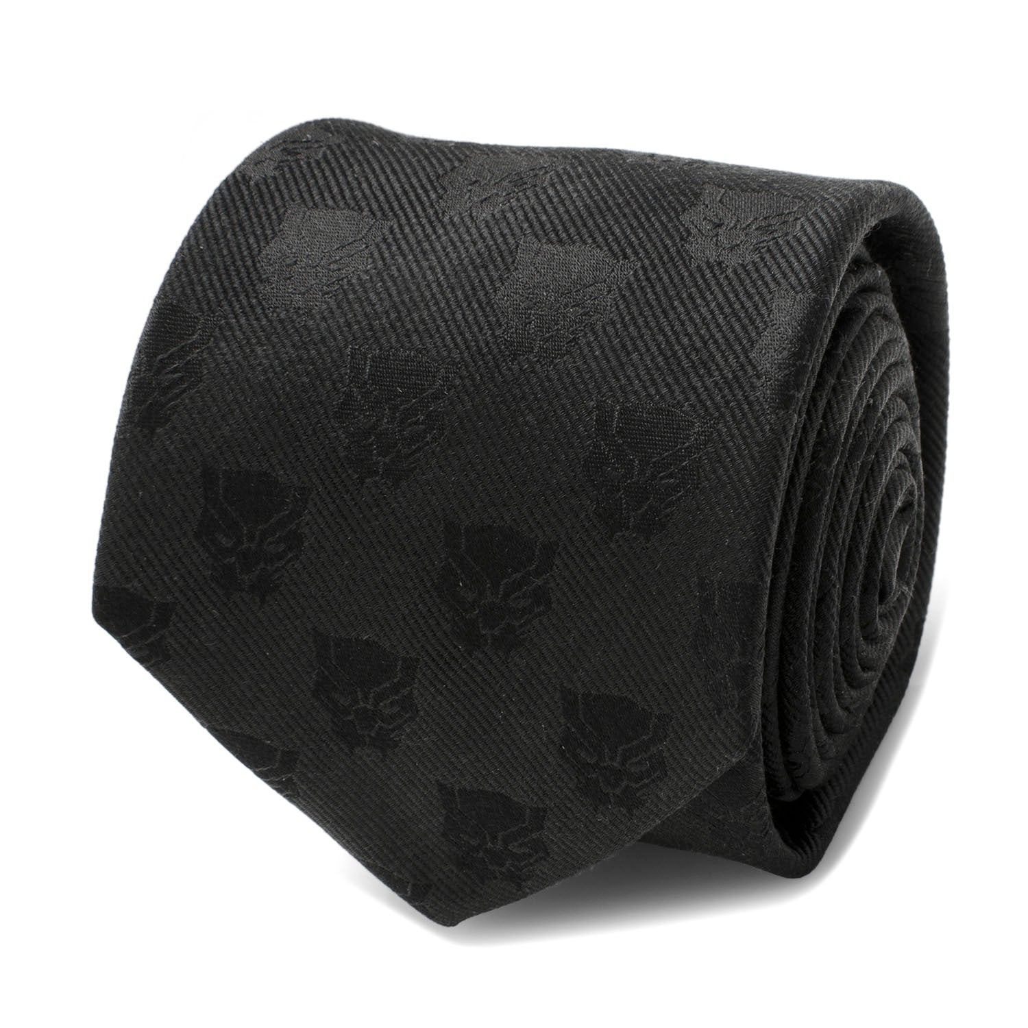 Close up of a black woven silk necktie with a repeated Black Panther face pattern.