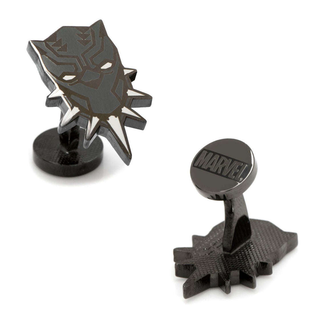 A pair of Marvel Black Panther mask cufflinks in black metal with enamel detailing