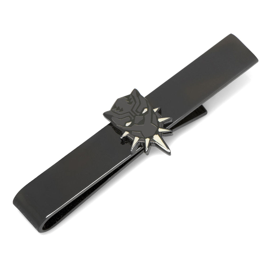 A polished black tie bar featuring the Black Panther mask emblem, displayed on a black tie.