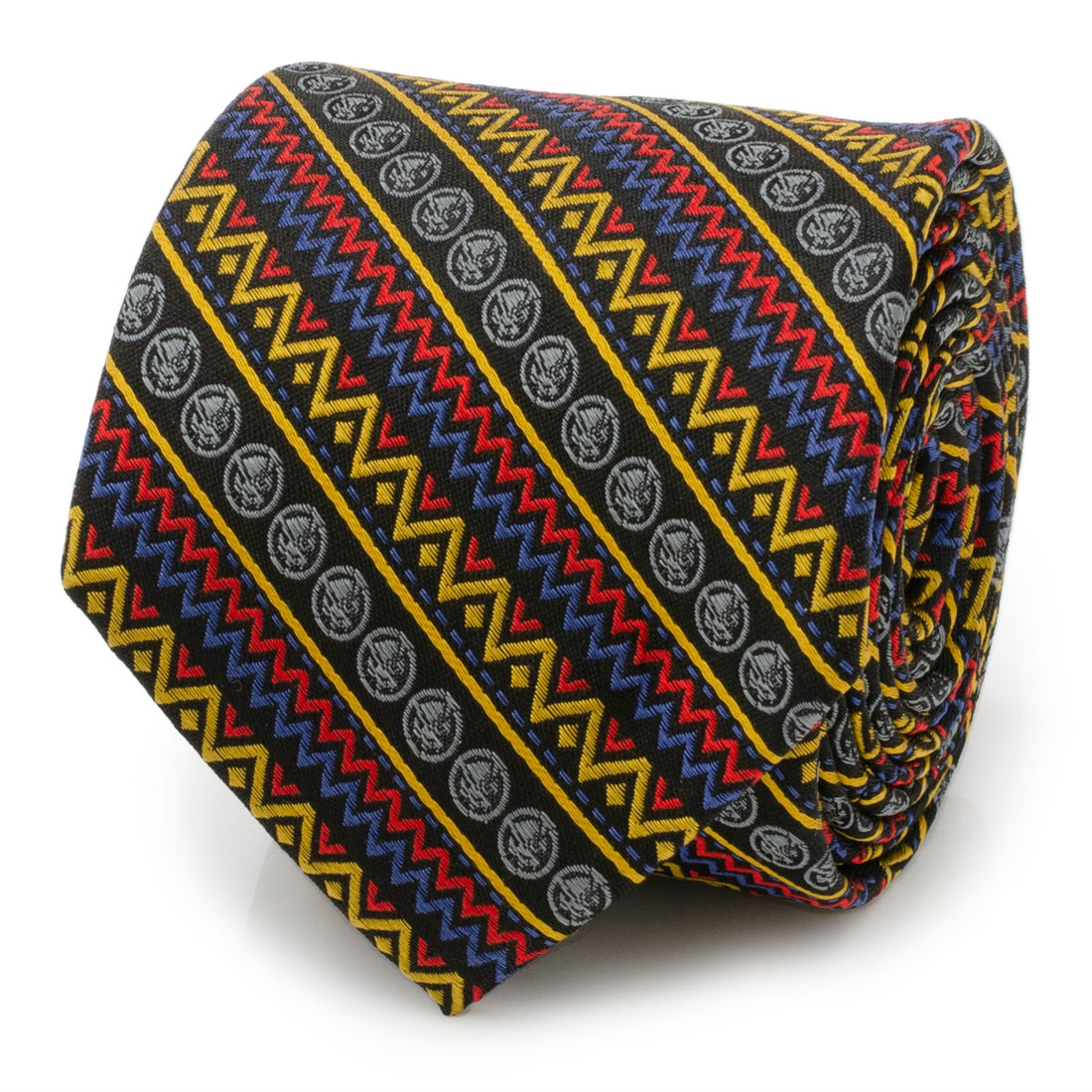 Close up of Marvel Black Panther tribal striped tie in red, blue, and yellow