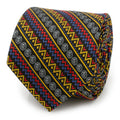 Close up of Marvel Black Panther tribal striped tie in red, blue, and yellow