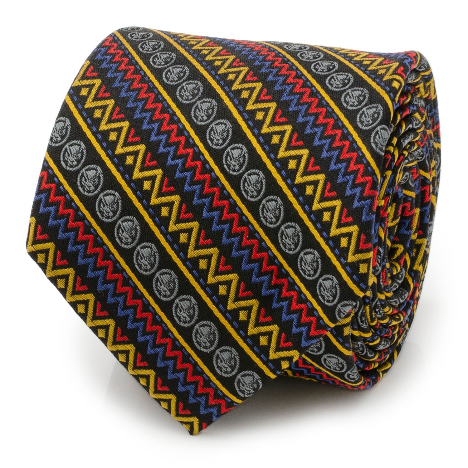 Close up of Marvel Black Panther tribal striped tie in red, blue, and yellow