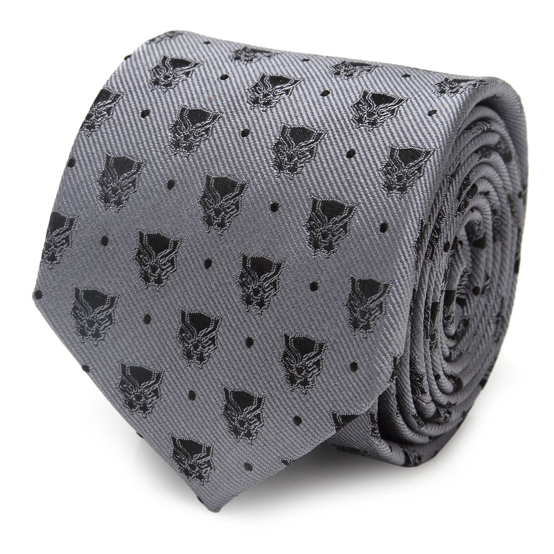 Close up of a gray silk tie with a repeating black Marvel Black Panther mask and small dot pattern