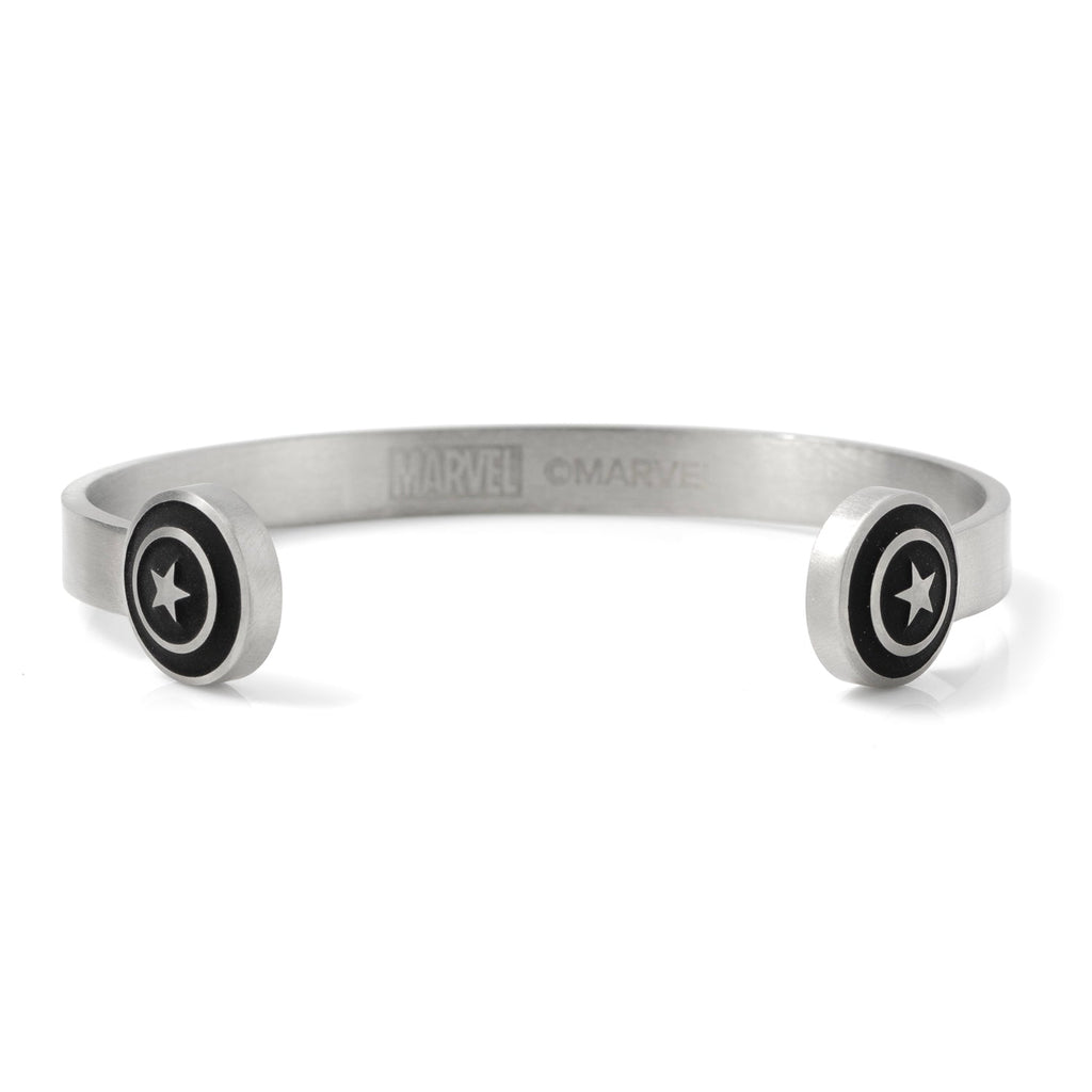 Captain America stainless steel cuff bracelet with shield design and star detail on ends.