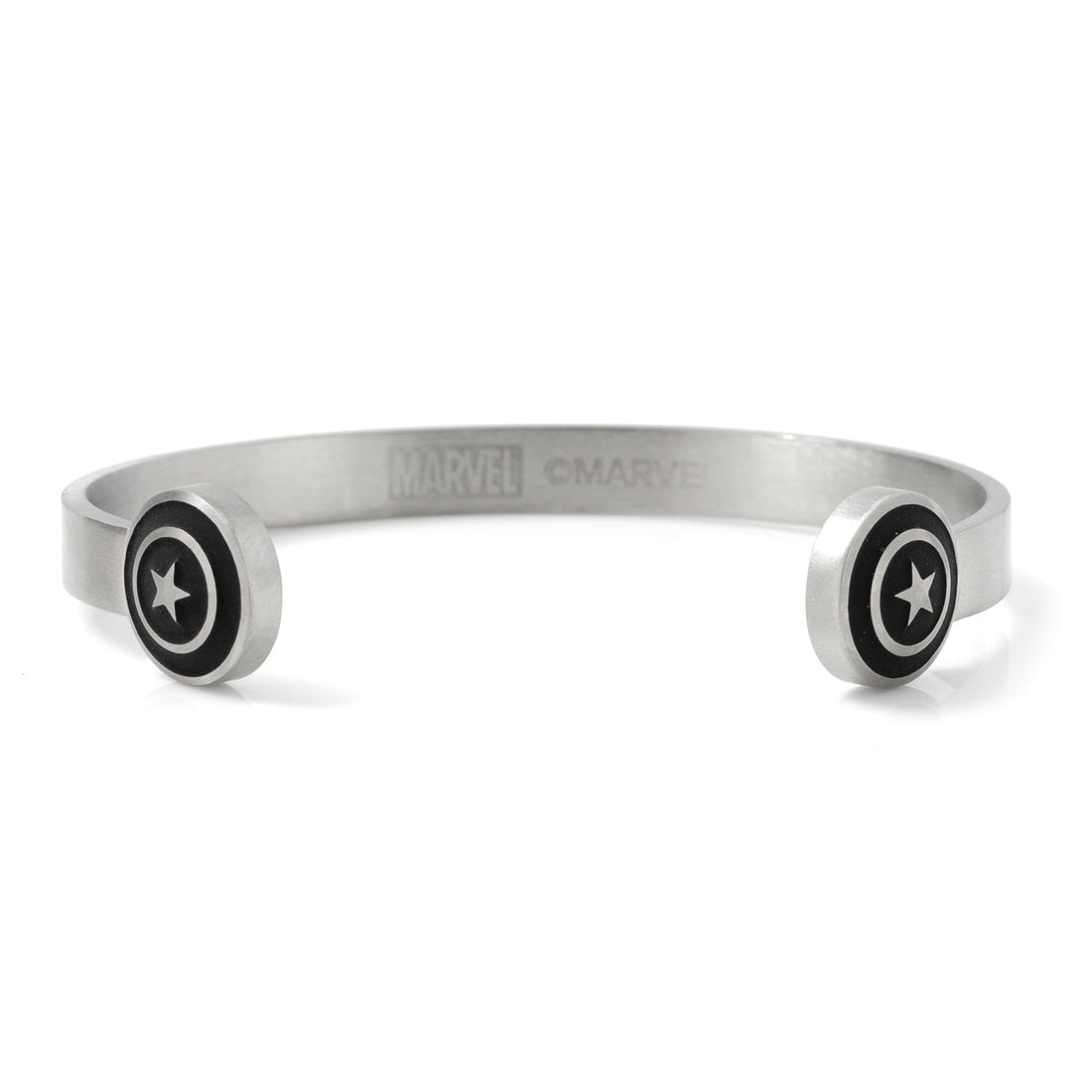 Captain America stainless steel cuff bracelet with shield design and star detail on ends.