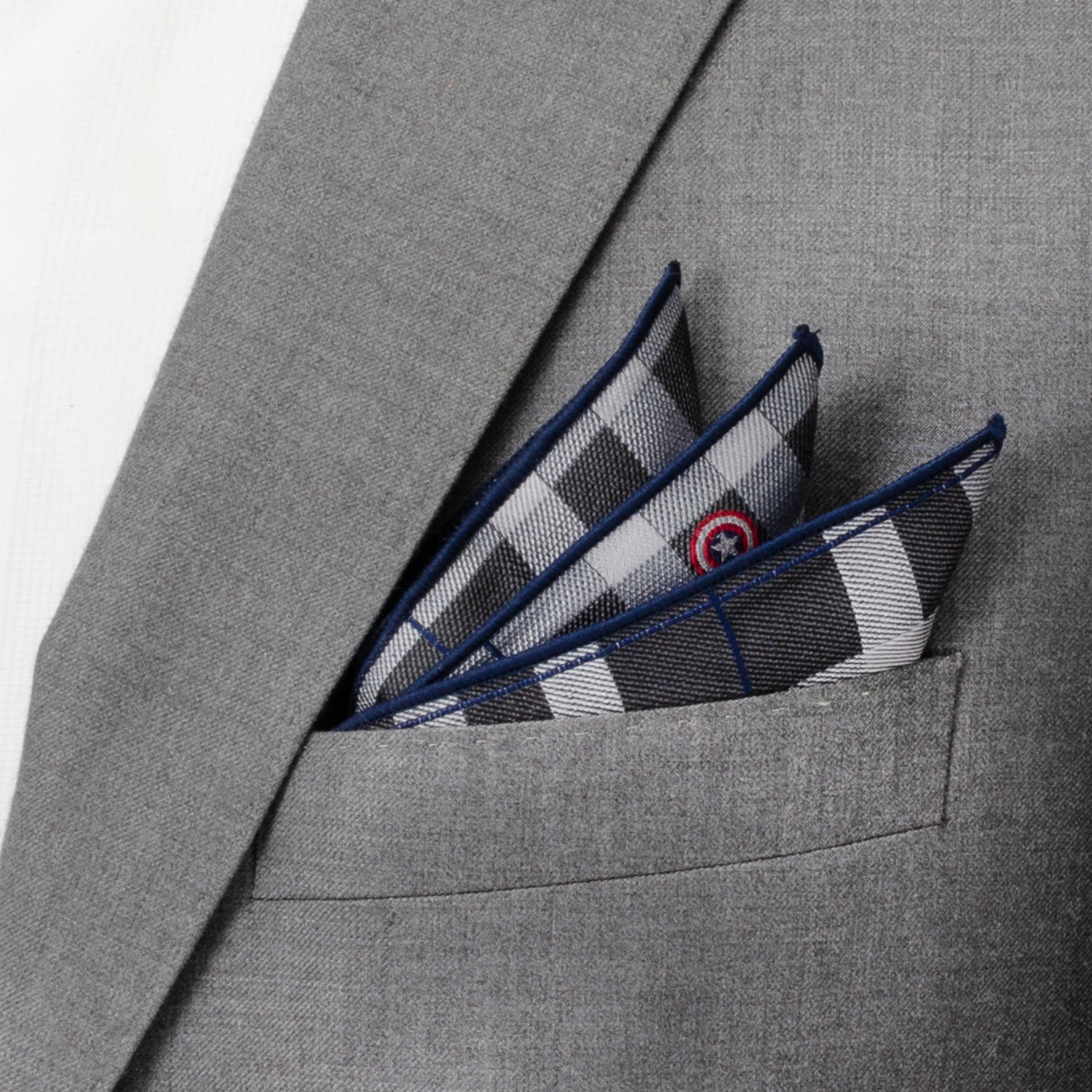 Marvel Captain America Gray Plaid Pocket Square Silk - Image 2