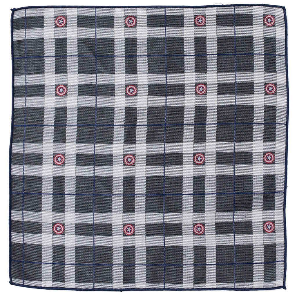 Captain America gray and blue plaid silk pocket square with woven shield icons