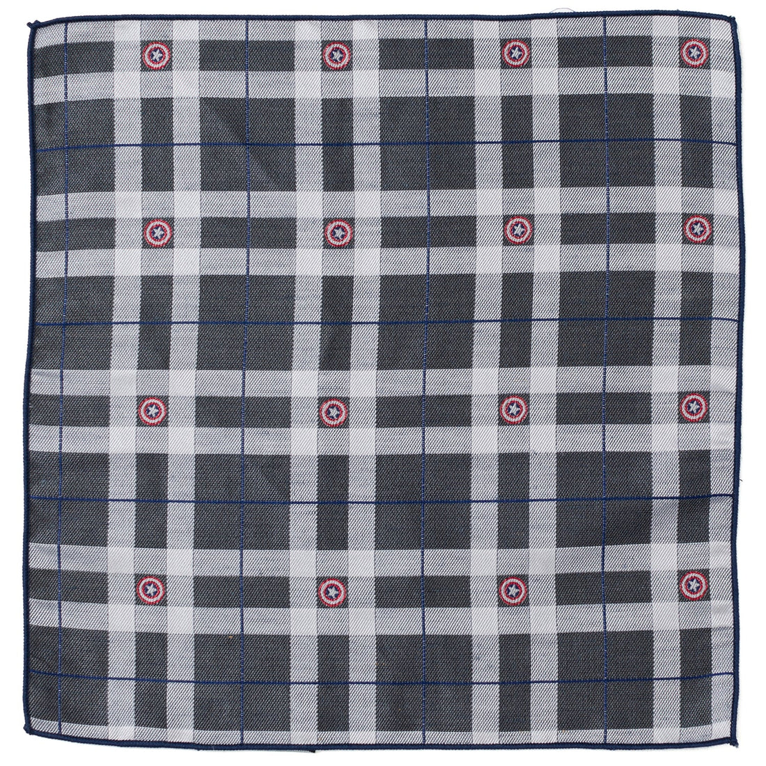 Captain America gray and blue plaid silk pocket square with woven shield icons