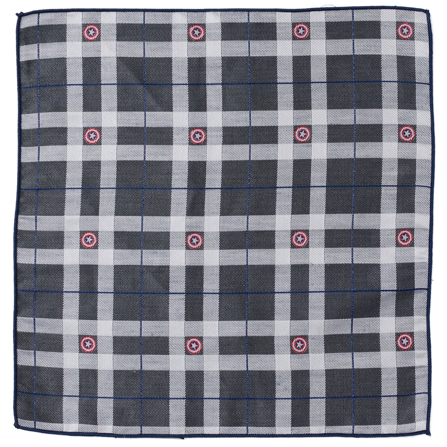 Captain America gray and blue plaid silk pocket square with woven shield icons
