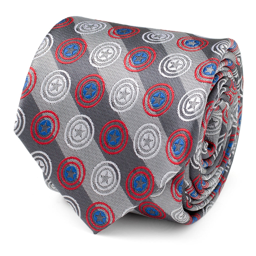 Captain America shield pattern tie in slate gray and silver diagonal stripes.
