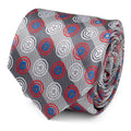 Captain America shield pattern tie in slate gray and silver diagonal stripes.
